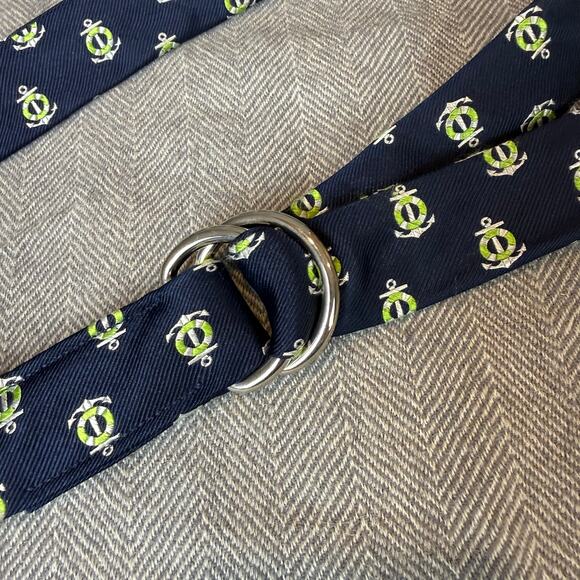 J. Crew Silk Belt Navy Blue Green Anchor Nautical S M Women's D Ring Adjustable - Picture 2 of 6